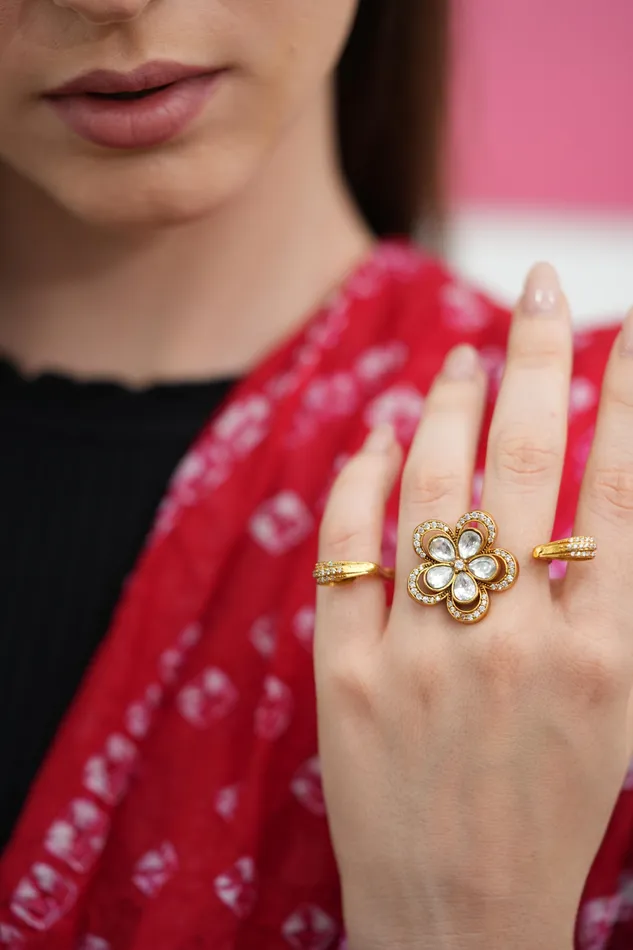 Attrangi Rings Atika Phool Dramatic 3 Finger Polki Ring Attrangi Rings Atika Phool Dramatic 3 Finger Polki Ring