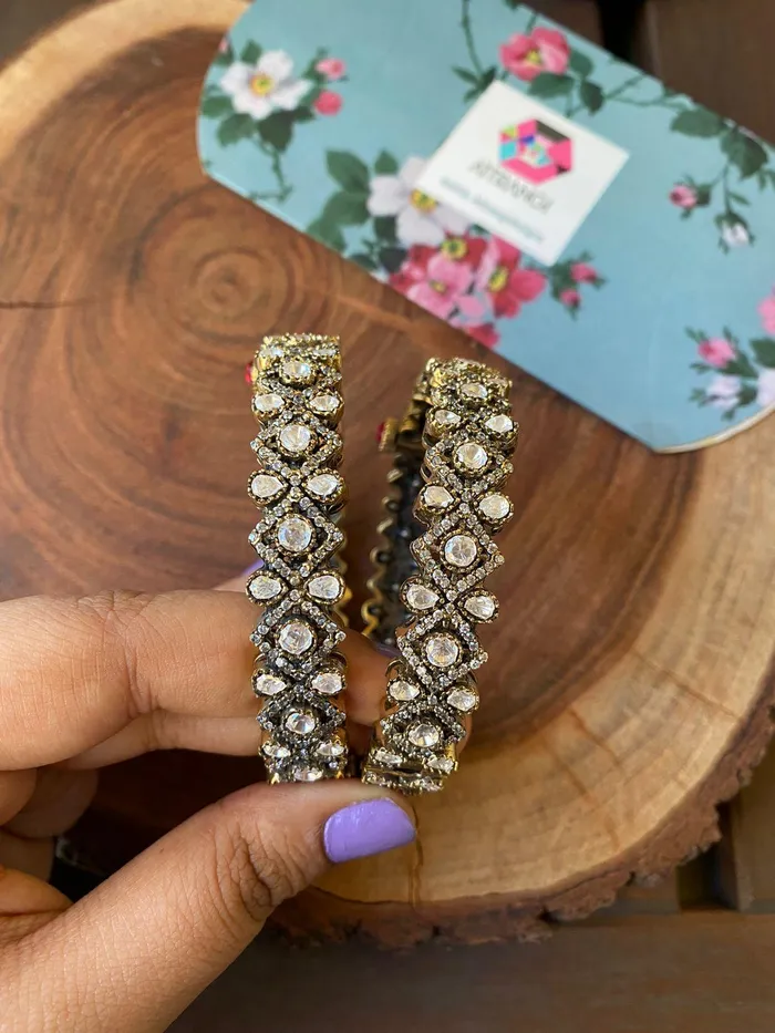 Attrangi Sasha Victorian Antique Gold Polki Bangles PreStyled Sets