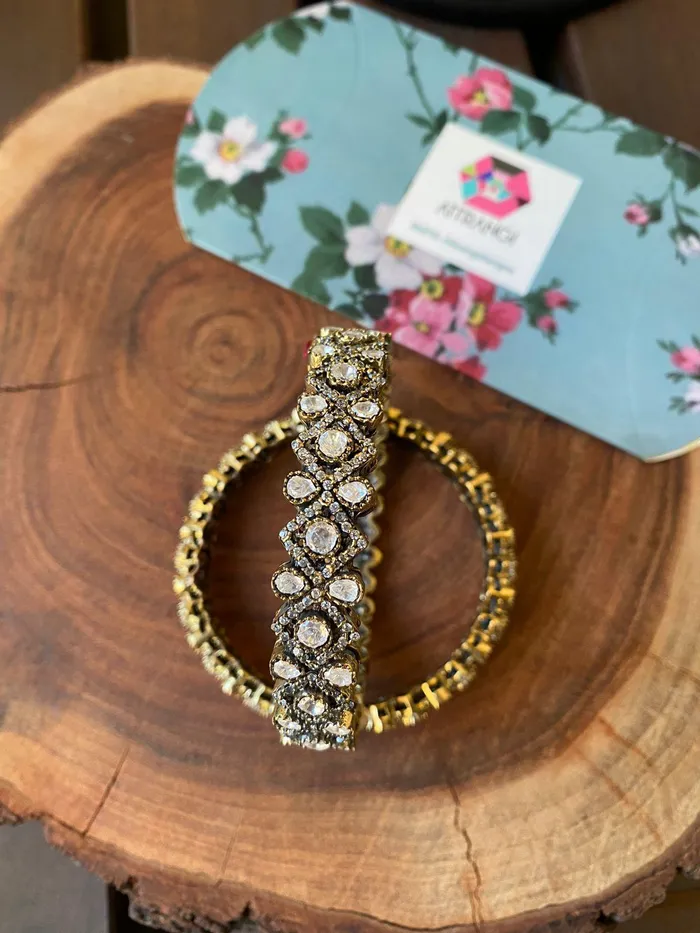Attrangi Sasha Victorian Antique Gold Polki Bangles PreStyled Sets