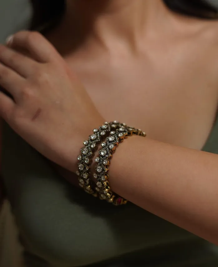 Attrangi Sasha Victorian Antique Gold Polki Bangles PreStyled Sets