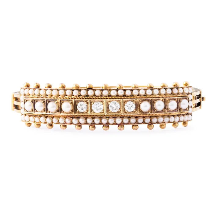 Bracelets Antique Victorian Diamond and Pearl 14k Gold Bangle Bracelet