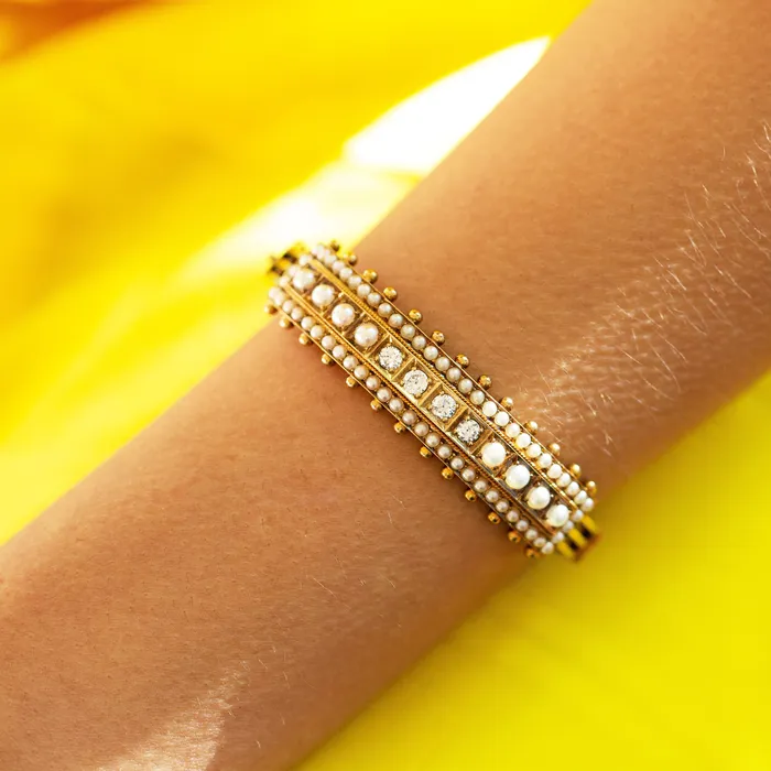 Bracelets Antique Victorian Diamond and Pearl 14k Gold Bangle Bracelet