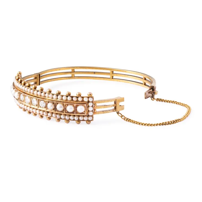 Bracelets Antique Victorian Diamond and Pearl 14k Gold Bangle Bracelet