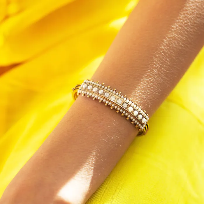 Bracelets Antique Victorian Diamond and Pearl 14k Gold Bangle Bracelet