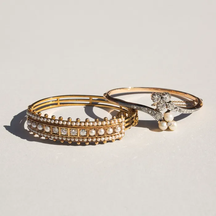 Bracelets Antique Victorian Diamond and Pearl 14k Gold Bangle Bracelet