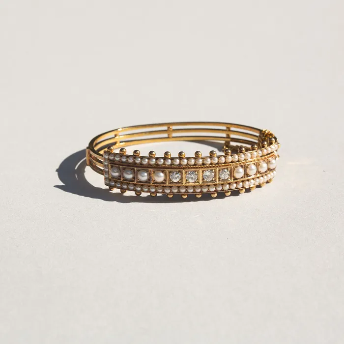 Bracelets Antique Victorian Diamond and Pearl 14k Gold Bangle Bracelet