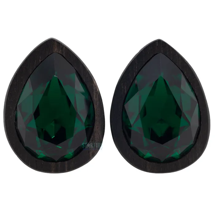 Earrings Esoteric Organics Teardrop Swarovski Plugs in Wood Emerald