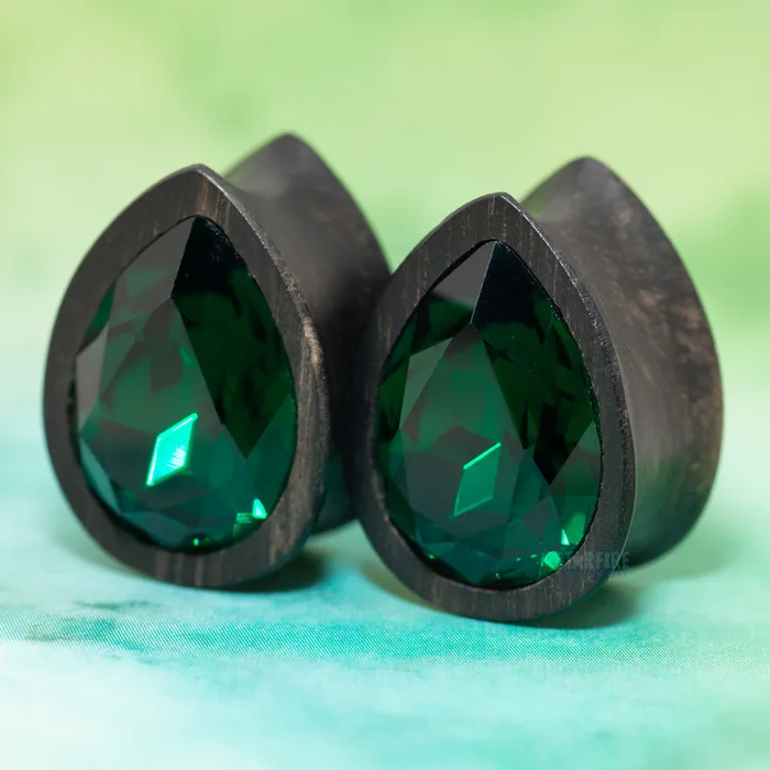 Earrings Esoteric Organics Teardrop Swarovski Plugs in Wood Emerald
