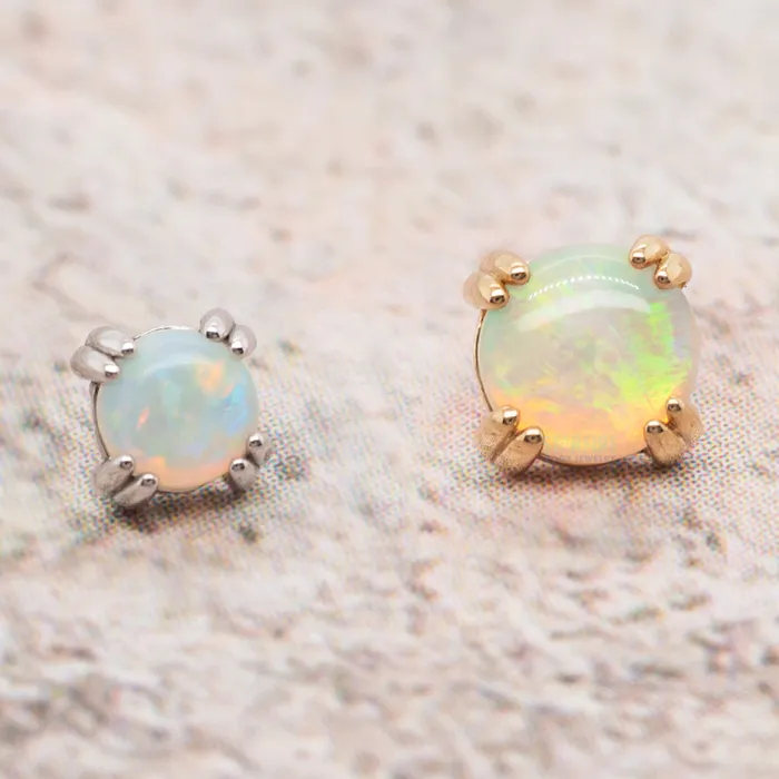 Earrings Genuine White Opal Cabochon Prong Set Threaded End in Gold Body Vision BVLA