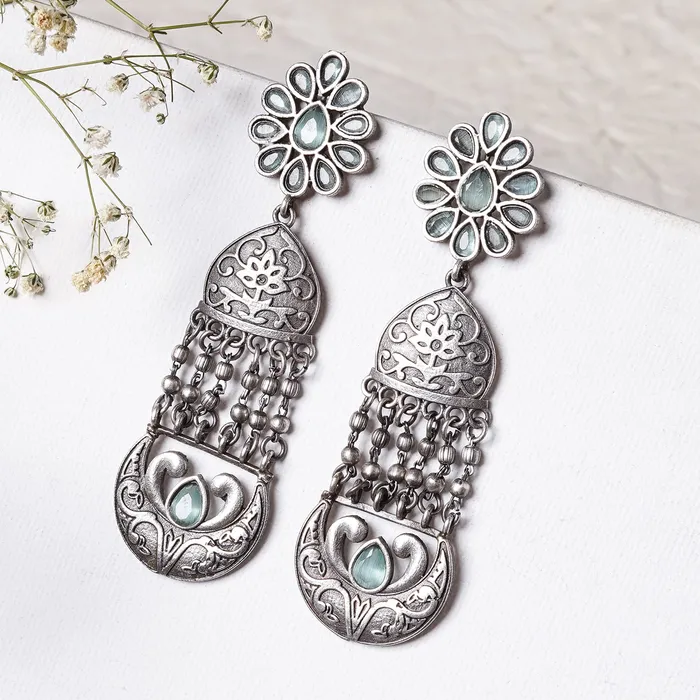 Earrings Teejh Teejh Bina Floral Green Silver Oxidised Earrings
