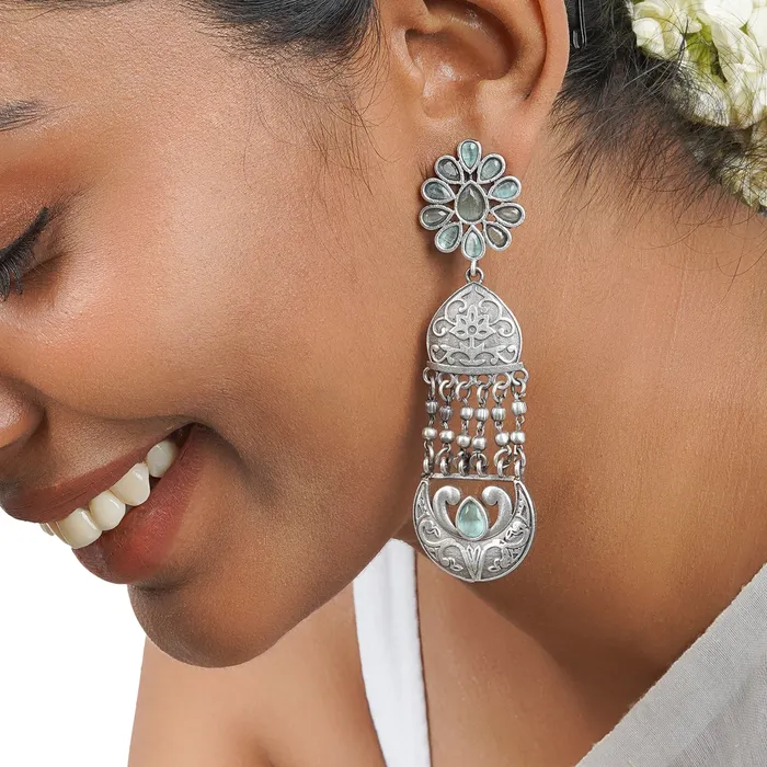 Earrings Teejh Teejh Bina Floral Green Silver Oxidised Earrings