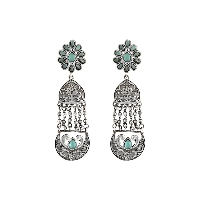 Earrings Teejh Teejh Bina Floral Green Silver Oxidised Earrings