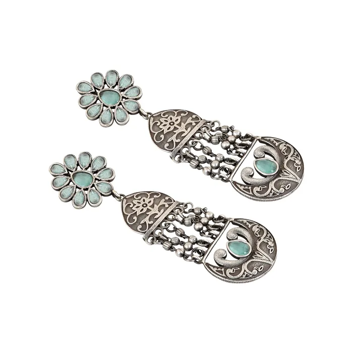 Earrings Teejh Teejh Bina Floral Green Silver Oxidised Earrings