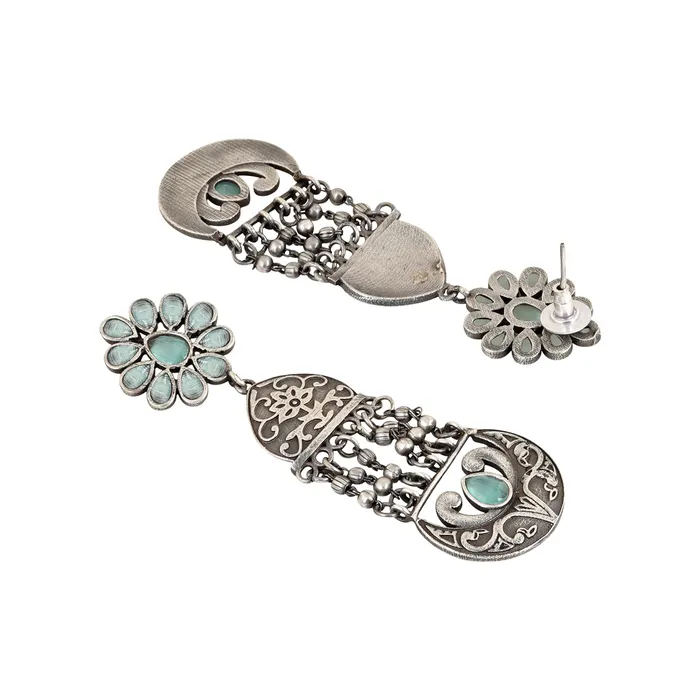 Earrings Teejh Teejh Bina Floral Green Silver Oxidised Earrings