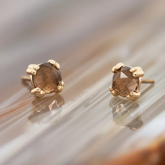 Earrings threadless Rose Cut Smoky Quartz Prong Set Pin in Gold Body Vision BVLA
