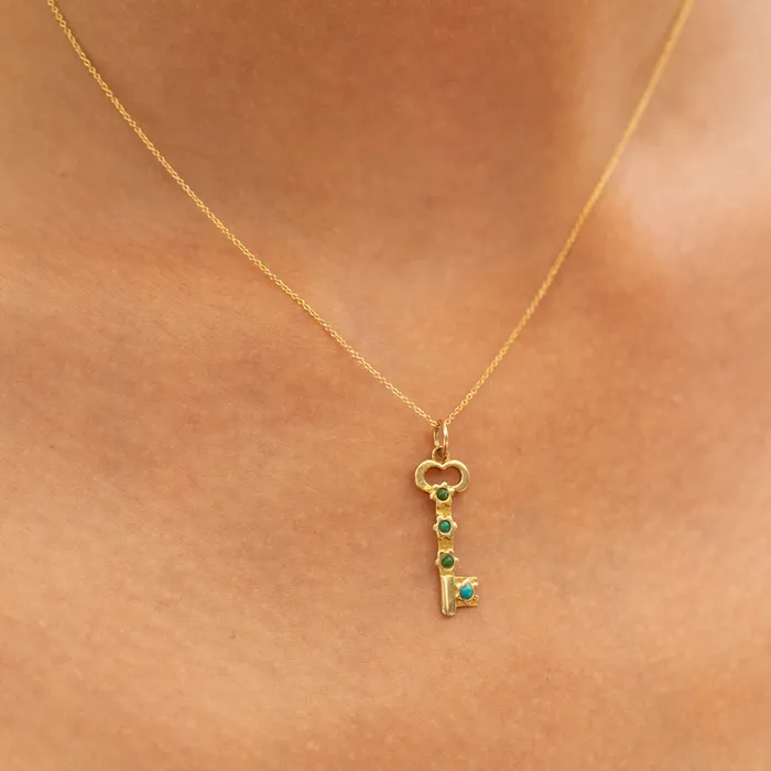 Earrings Vintage Turquoise and 14K Gold Key Charm
