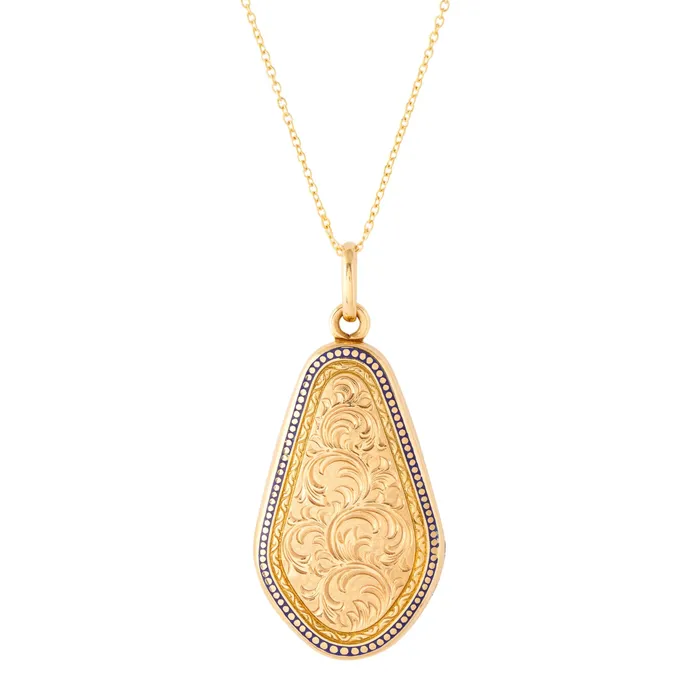 Engraved 14k Gold and Enamel Elongated Locket Vintage Necklaces