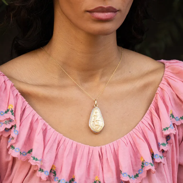Engraved 14k Gold and Enamel Elongated Locket Vintage Necklaces