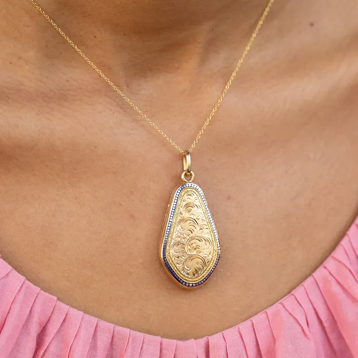 Engraved 14k Gold and Enamel Elongated Locket Vintage Necklaces