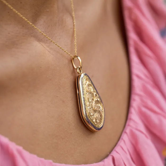 Engraved 14k Gold and Enamel Elongated Locket Vintage Necklaces