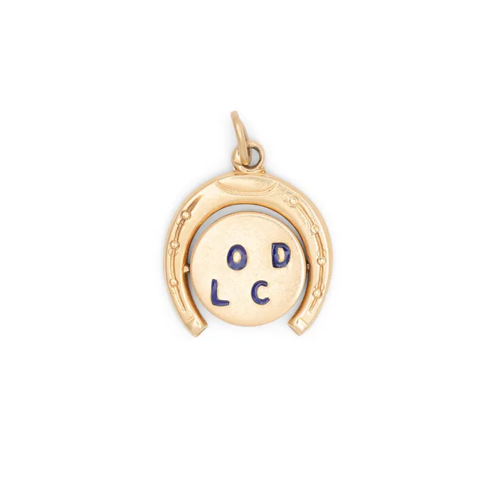 Good Luck Horseshoe 14K Gold and Enamel Spinner Charm Vintage Earrings