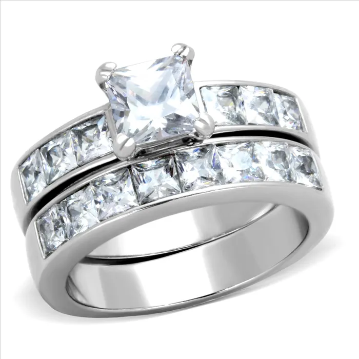 Green Rings CJE61206 Wholesale Stainless Steel CZ Princess Cut Eternity Wedding Ring Set Green Rings CJE61206 Wholesale Stainless Steel CZ Princess Cut Eternity Wedding Ring Set