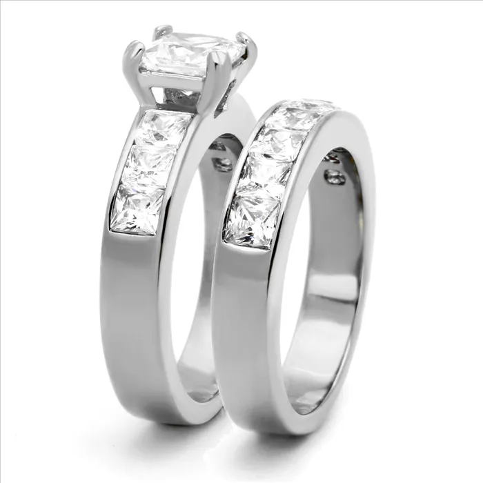 Green Rings CJE61206 Wholesale Stainless Steel CZ Princess Cut Eternity Wedding Ring Set Green Rings CJE61206 Wholesale Stainless Steel CZ Princess Cut Eternity Wedding Ring Set