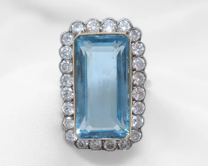 Isadoras A Rings Art Deco Aquamarine Diamond Halo Ring