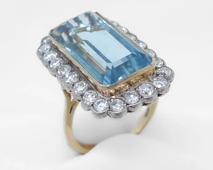 Isadoras A Rings Art Deco Aquamarine Diamond Halo Ring