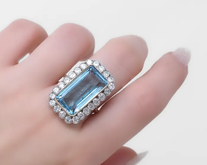 Isadoras A Rings Art Deco Aquamarine Diamond Halo Ring