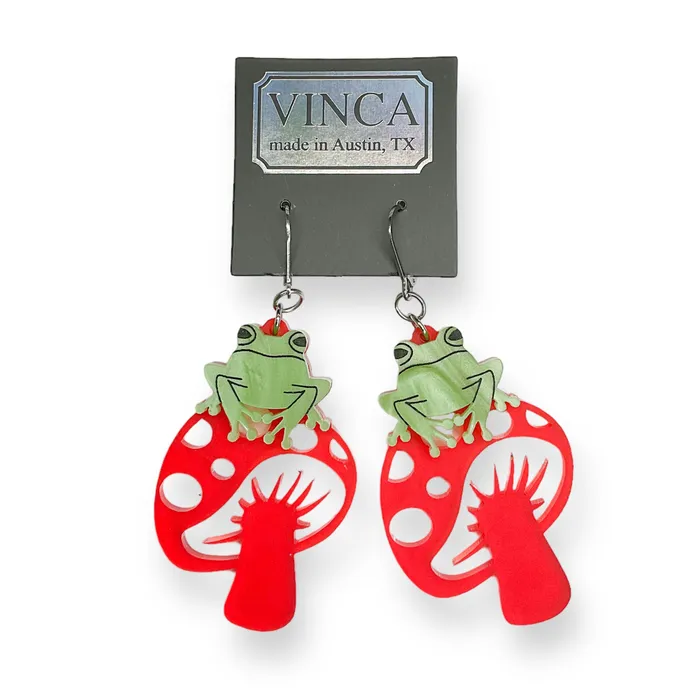 Last Chance TOADally FUNgi Dangle Earrings on red mushrooms VincaUSA Earrings