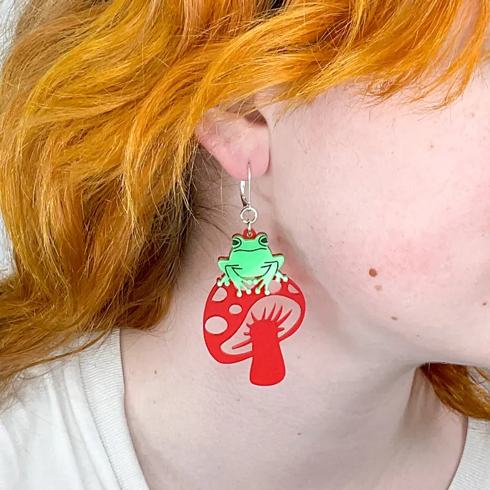Last Chance TOADally FUNgi Dangle Earrings on red mushrooms VincaUSA Earrings