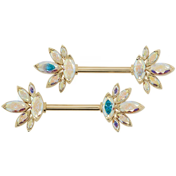 LeRoi Earrings Mae Side Set Faceted Gems Nipple Barbells in Gold pair