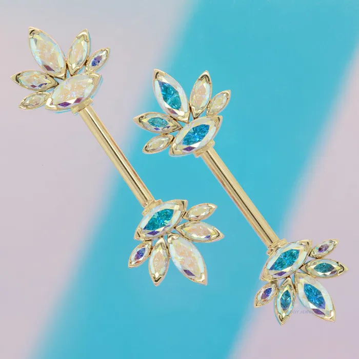 LeRoi Earrings Mae Side Set Faceted Gems Nipple Barbells in Gold pair