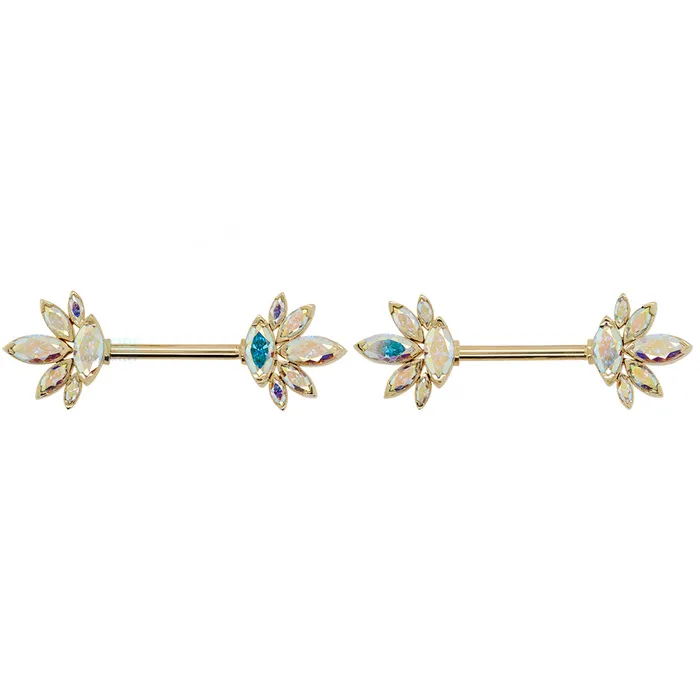 LeRoi Earrings Mae Side Set Faceted Gems Nipple Barbells in Gold pair