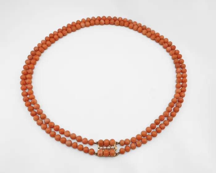 Midcentury DoubleStrand Coral Bead Necklace Isadoras C Necklaces