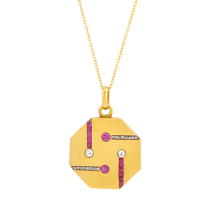 Necklaces Antique Art Deco Diamond Ruby and 14K Gold Locket