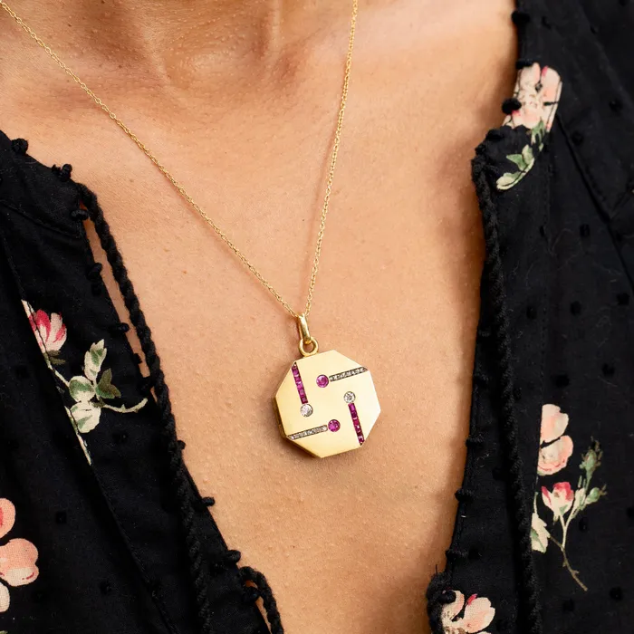 Necklaces Antique Art Deco Diamond Ruby and 14K Gold Locket
