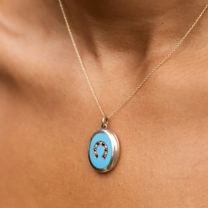Necklaces Antique English Victorian Enamel Pearl Garnet and 9k Gold Horseshoe Locket