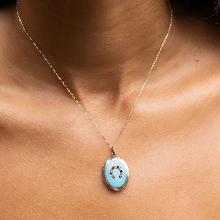Necklaces Antique English Victorian Enamel Pearl Garnet and 9k Gold Horseshoe Locket