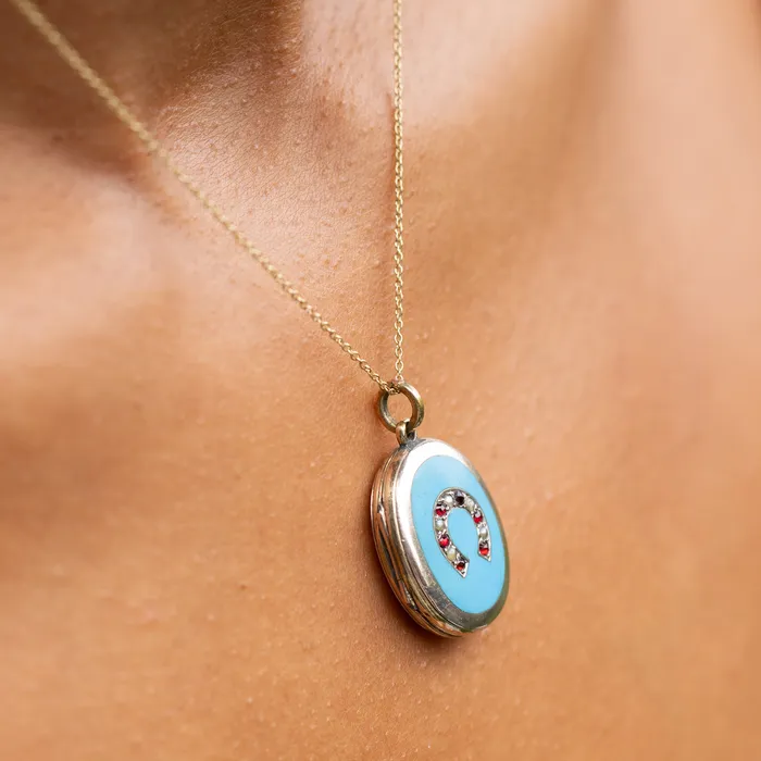 Necklaces Antique English Victorian Enamel Pearl Garnet and 9k Gold Horseshoe Locket