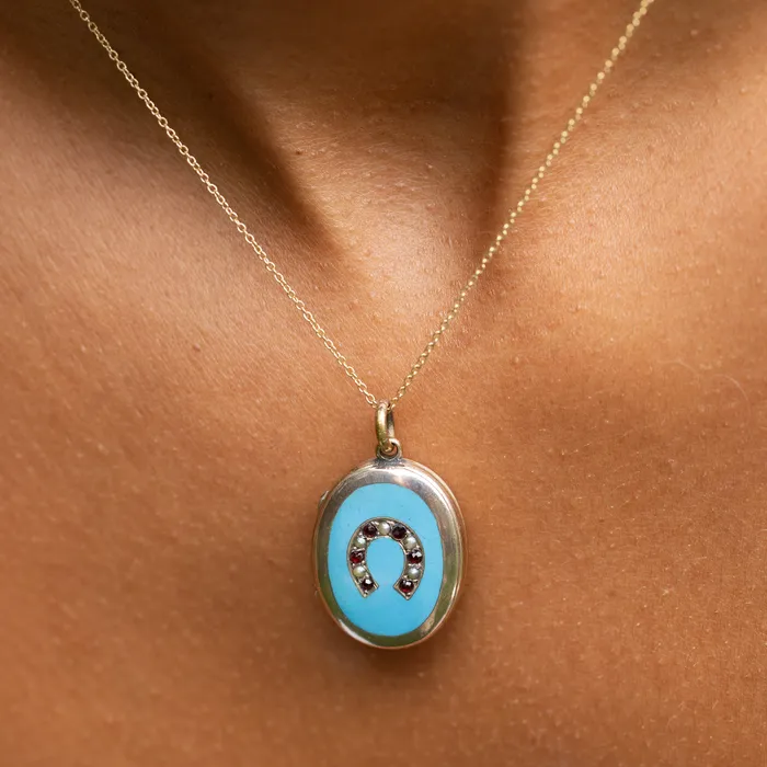Necklaces Antique English Victorian Enamel Pearl Garnet and 9k Gold Horseshoe Locket