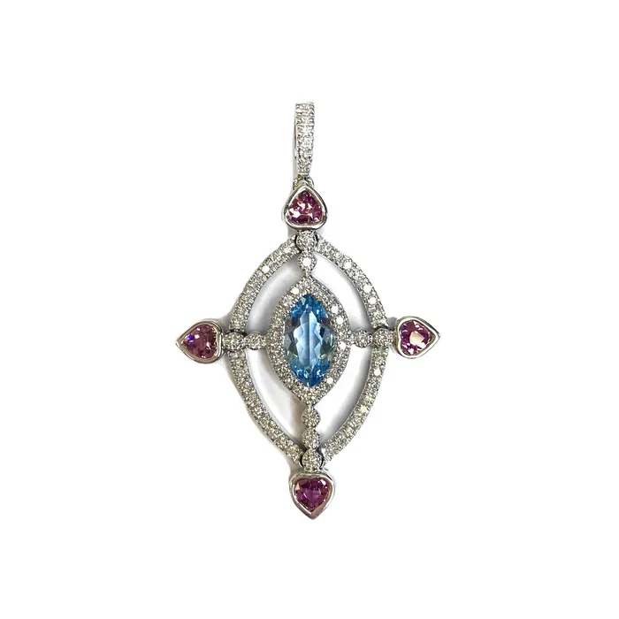 Necklaces Donald Haack Diamonds 18K White Gold Aquamarine Tourmaline Diamond Cross Pendant Necklaces Donald Haack Diamonds 18K White Gold Aquamarine Tourmaline Diamond Cross Pendant