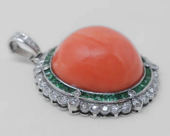 Necklaces Isadoras LD Midcentury Coral Pendant with Emerald Diamond Halo