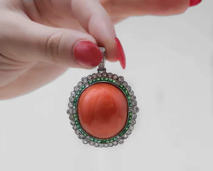 Necklaces Isadoras LD Midcentury Coral Pendant with Emerald Diamond Halo