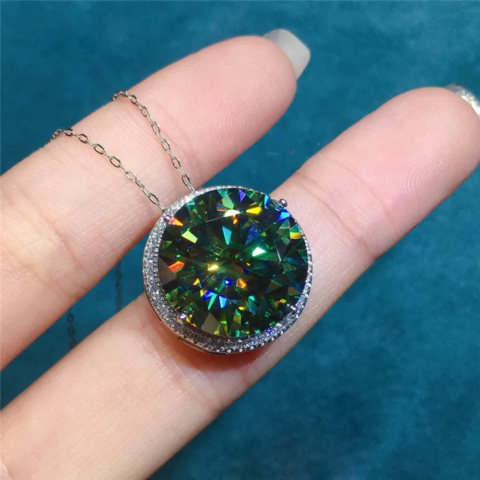 Necklaces Leyloon Jewelry 13 Carat Dark Green Round Cut Floating Halo VVS Moissanite Pendant Chain Necklace Necklaces Leyloon Jewelry 13 Carat Dark Green Round Cut Floating Halo VVS Moissanite Pendant Chain Necklace