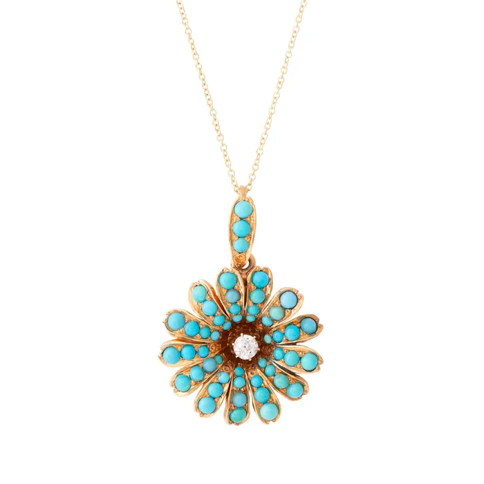 Necklaces Victorian Turquoise and Diamond Flower Pendant Necklace Antique