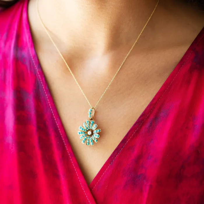 Necklaces Victorian Turquoise and Diamond Flower Pendant Necklace Antique