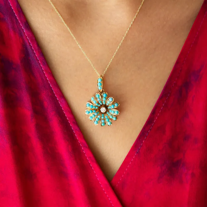 Necklaces Victorian Turquoise and Diamond Flower Pendant Necklace Antique