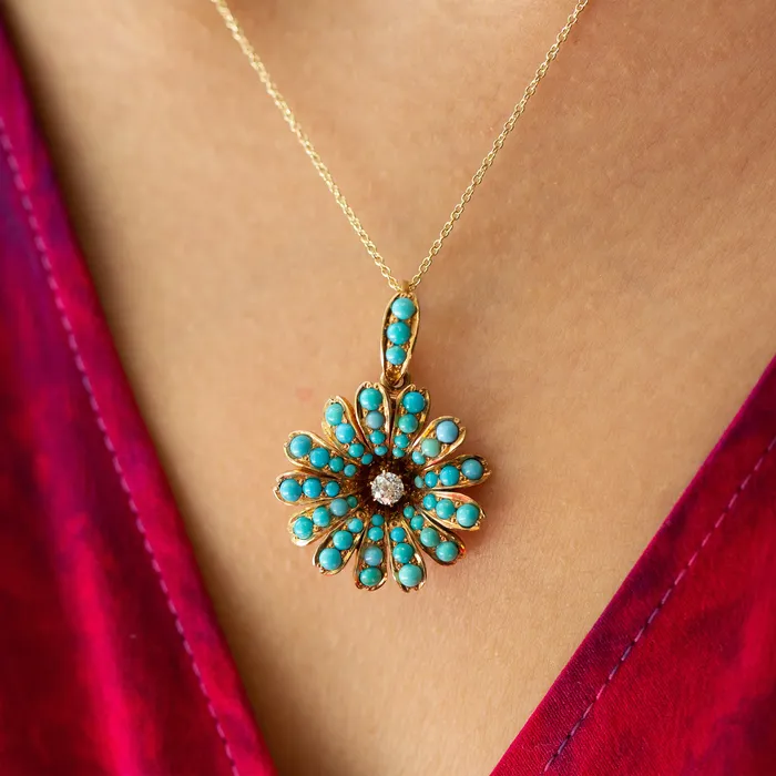 Necklaces Victorian Turquoise and Diamond Flower Pendant Necklace Antique
